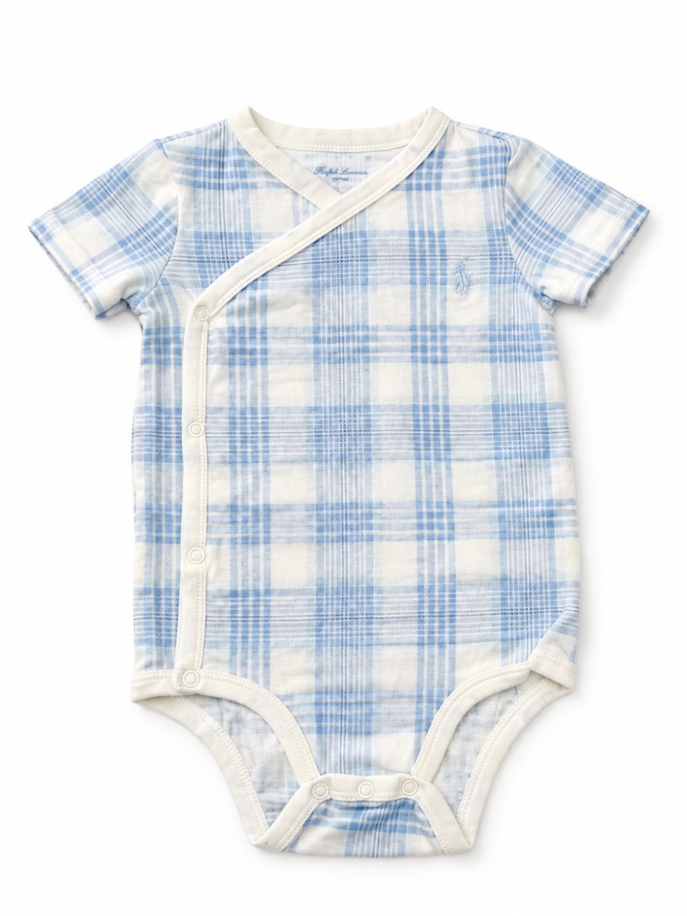 Ralph Lauren Blue and White Plaid Wrap-Front Baby Bodysuit
